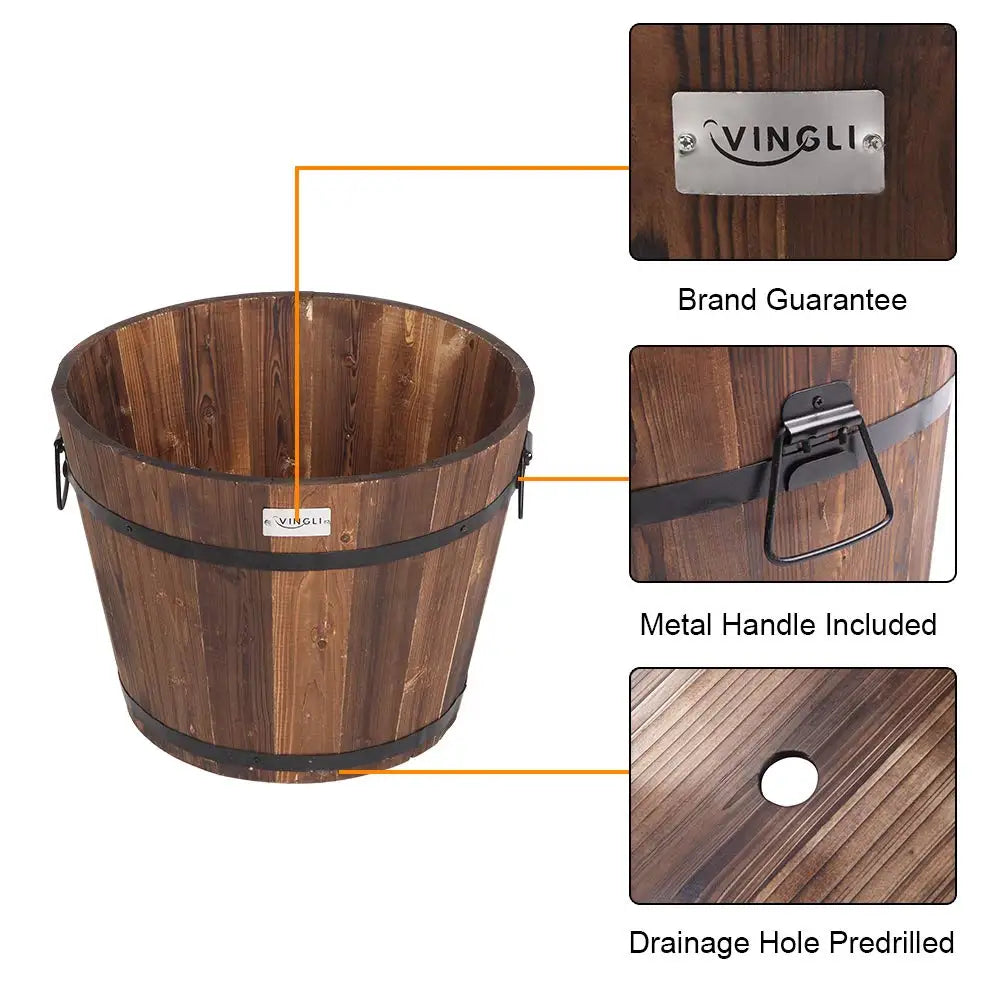 3‑Piece Large Wooden Planter Barrel Set – Real Wood Flowerpots with Drainage (11.5"–18")