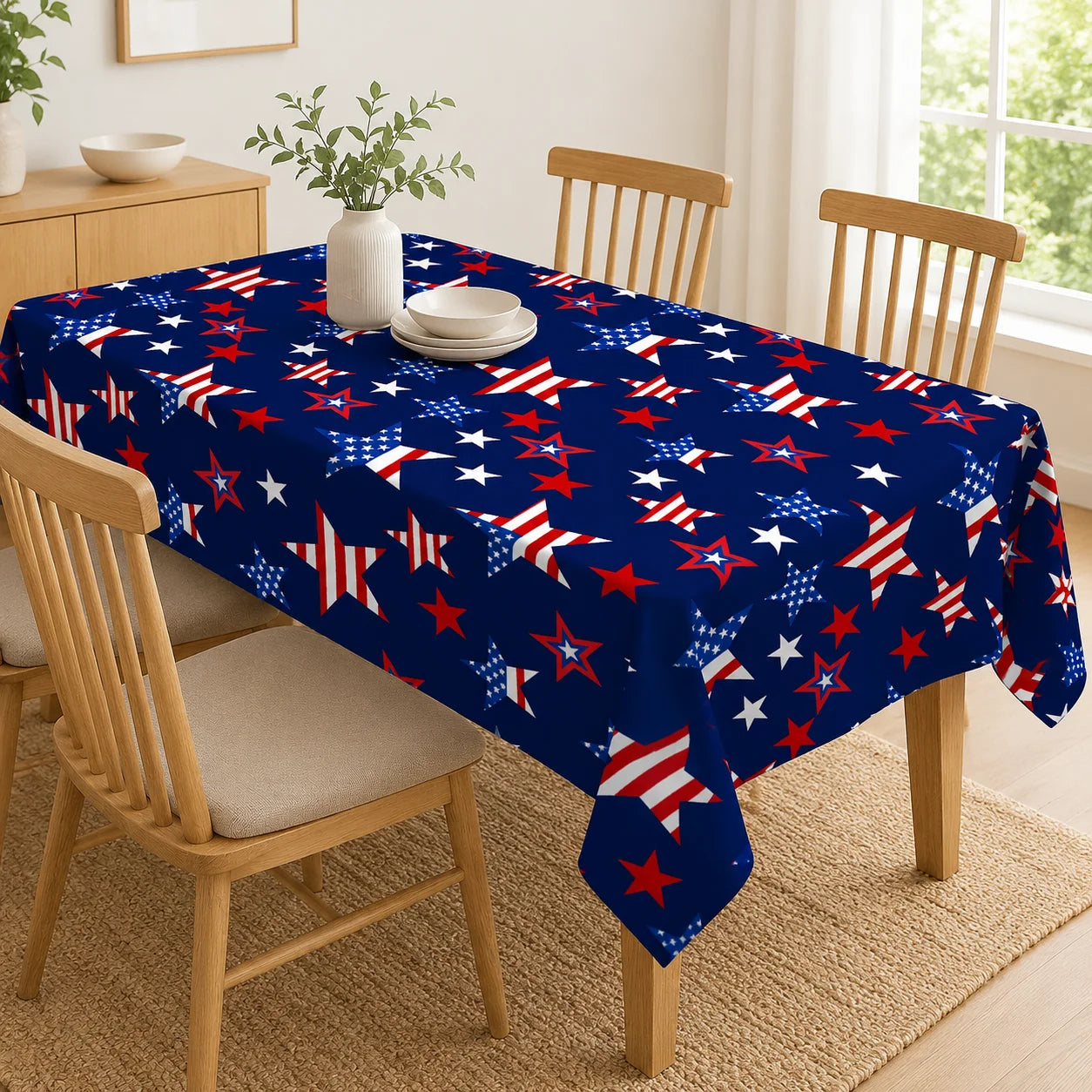 4th of July Patriotic Tablecloth – American Flag Stars Red White & Navy Blue Polyester Table Cover