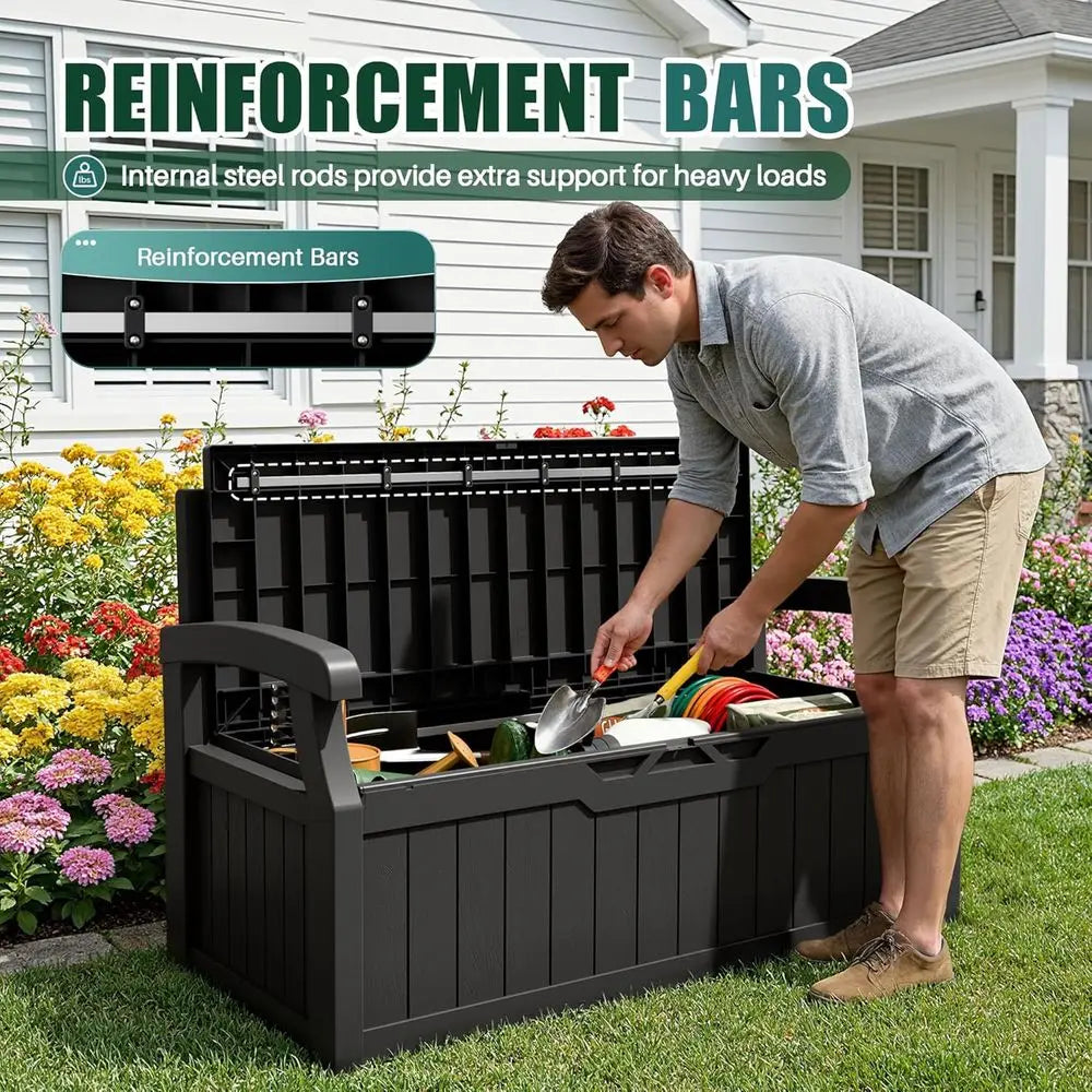 Gallon Storage Bench, Deck Box. Lockable for Patio furniture, Garden Decor and Outdoor Seating or Cushions