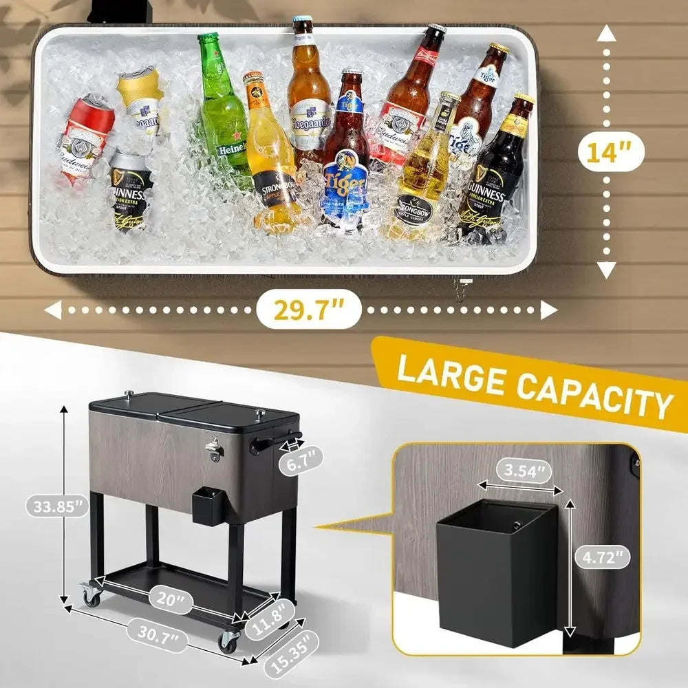80QT Patio Party Cooler Cart – Rolling Ice Chest with Storage Tray, Wheels & Built‑In Bottle Opener