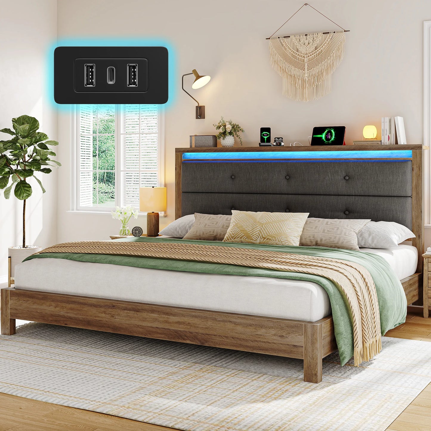 Platform LED Light Bed Frame with Upholstered Headboard with Charging Station, No Box Spring Required