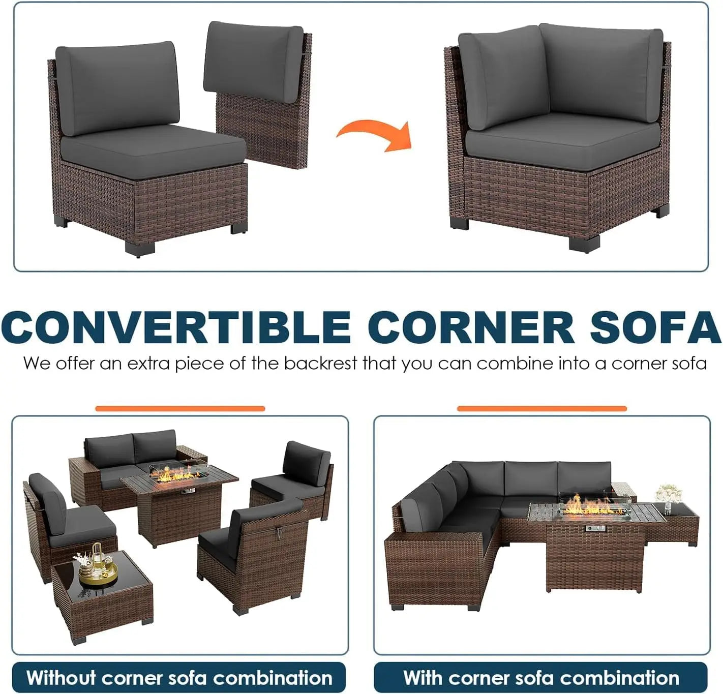 7‑Piece Patio Furniture Set with Fire Pit Table – Wicker Rattan Outdoor Sectional Conversation Set