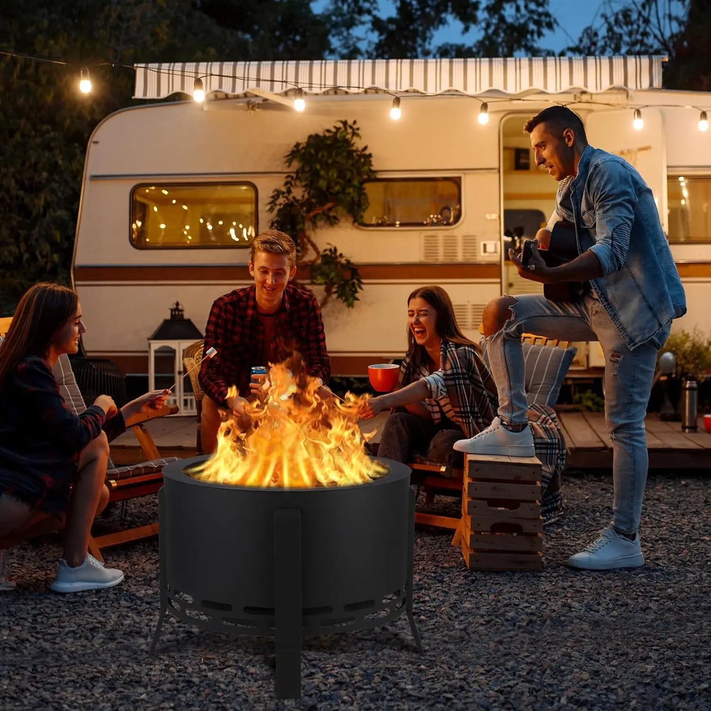 26" Low‑Smoke Outdoor Fire Pit – Portable Fire Bowl with Folding Feet for Patio, Backyard & Camping