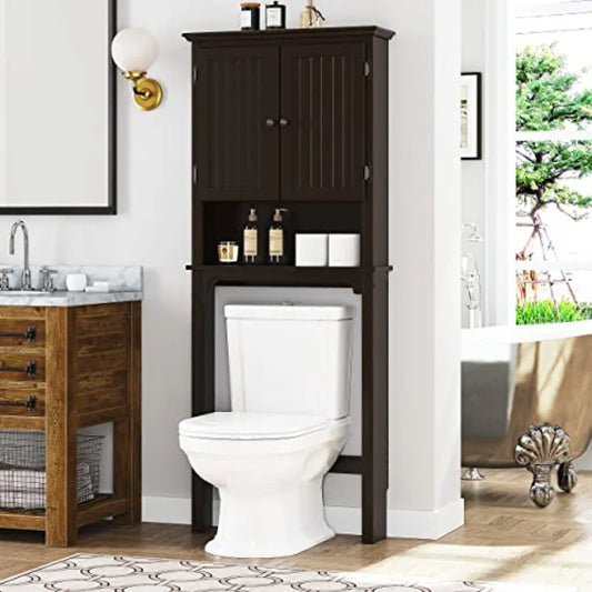 Bathroom Over The Toilet Cabinet Organizer with Adjustable Shelves and Double Doors, Espresso