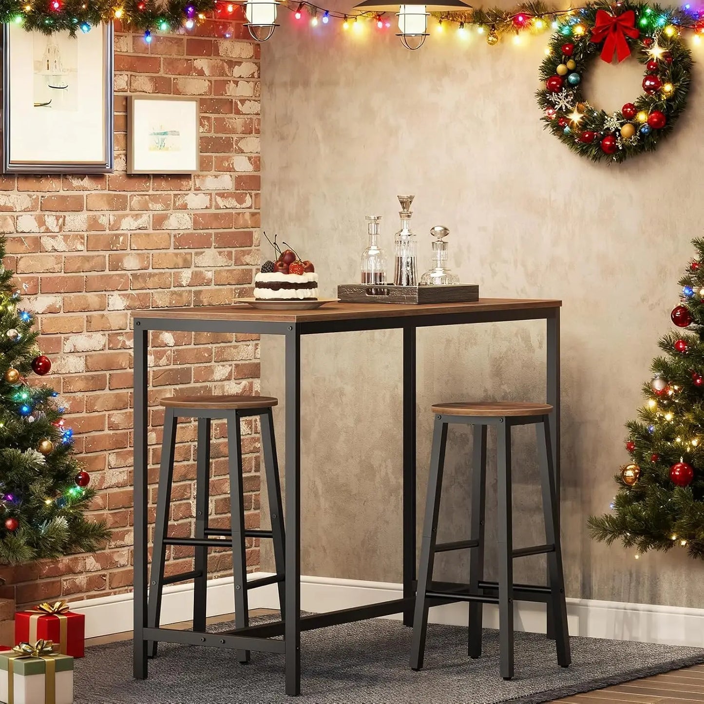 Set of 2 Bar Stools, Counter Height 24.8", Rustic Brown and Black