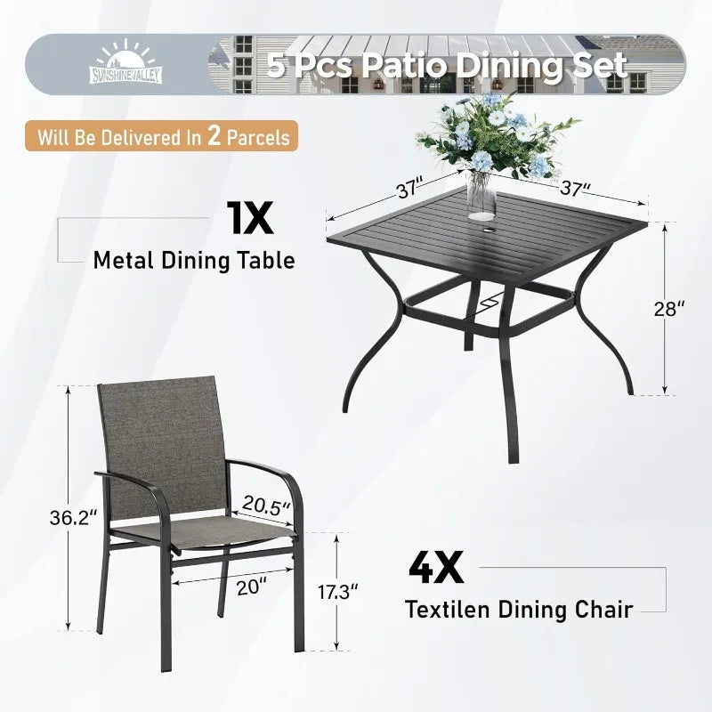 Outdoor Patio Dining Set (5/9/10‑Piece) – Square Table with Umbrella Hole & Metal Brown Chairs
