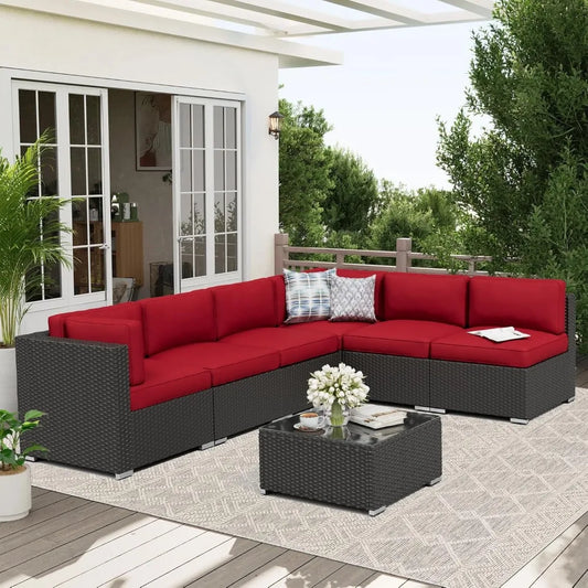 7-Piece Outdoor Patio Sofa Set - Black Rattan Wicker Set with Glass Top Table and Cushions(Red)