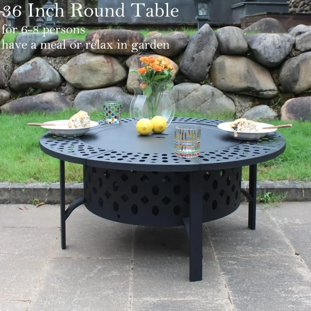 36" Fire Pit with 2 Grills, Wood Burning Fire Pits for Outside with Lid, Poker and Round Waterproof Cover, BBQ& Outdoor Fire