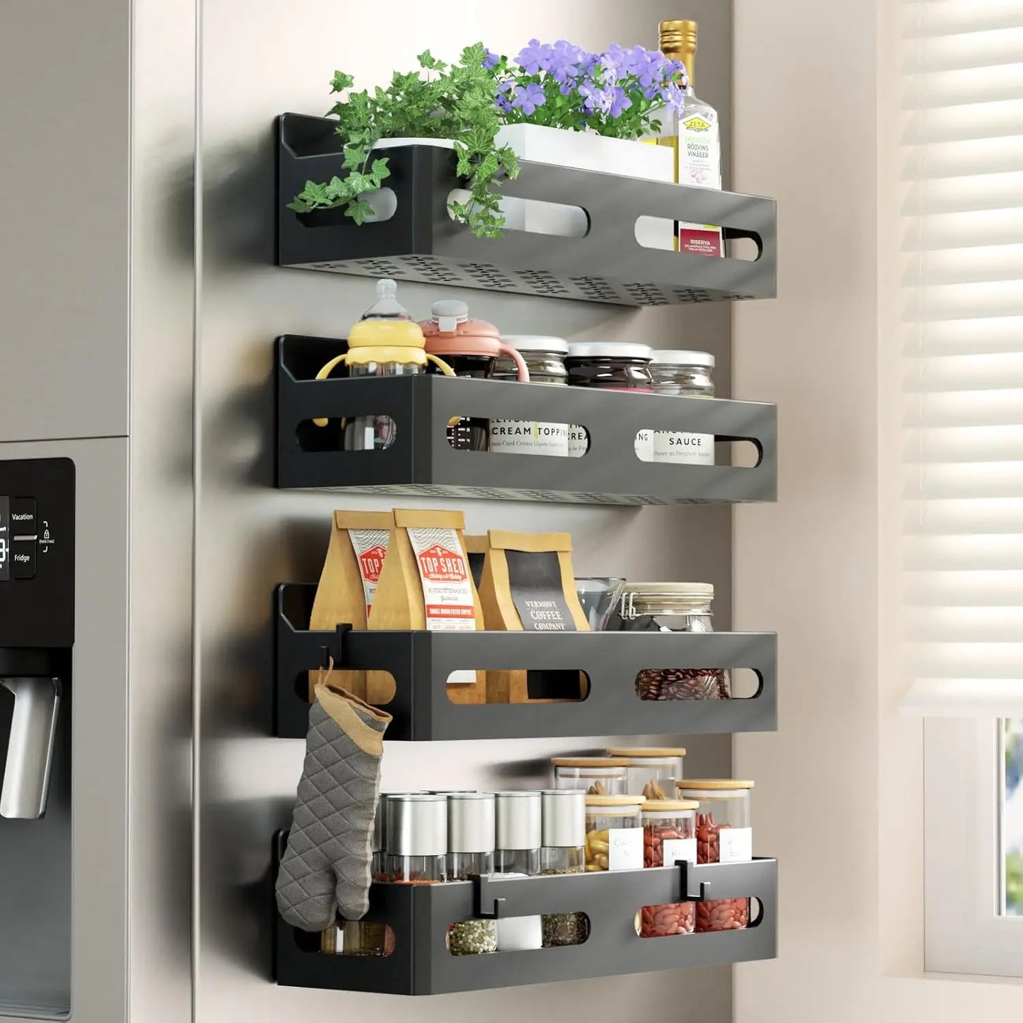 Magnetic Spice Rack for Refrigerator, Kitchen Organizer and Storage Shelf, Black (4 Pack)