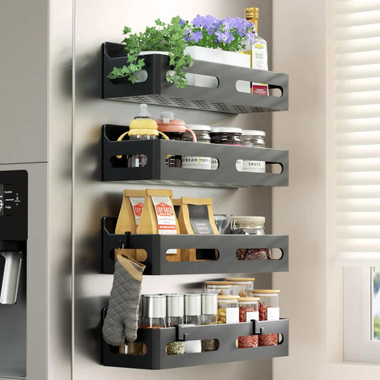 Magnetic Spice Rack for Refrigerator, Kitchen Organizer and Storage Shelf, Black (4 Pack)