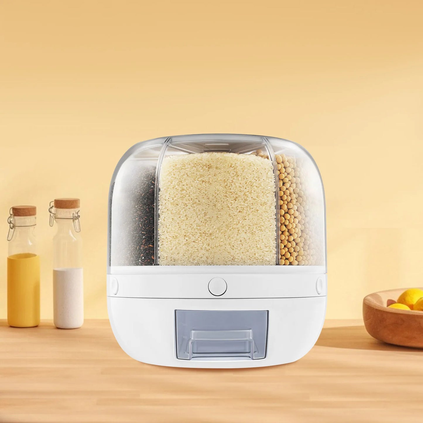 360° Rotatable 6-Grid Grain Dispenser—13lbs Capacity Food-Grade - Moisture-Proof for Rice & Beans in Kitchen