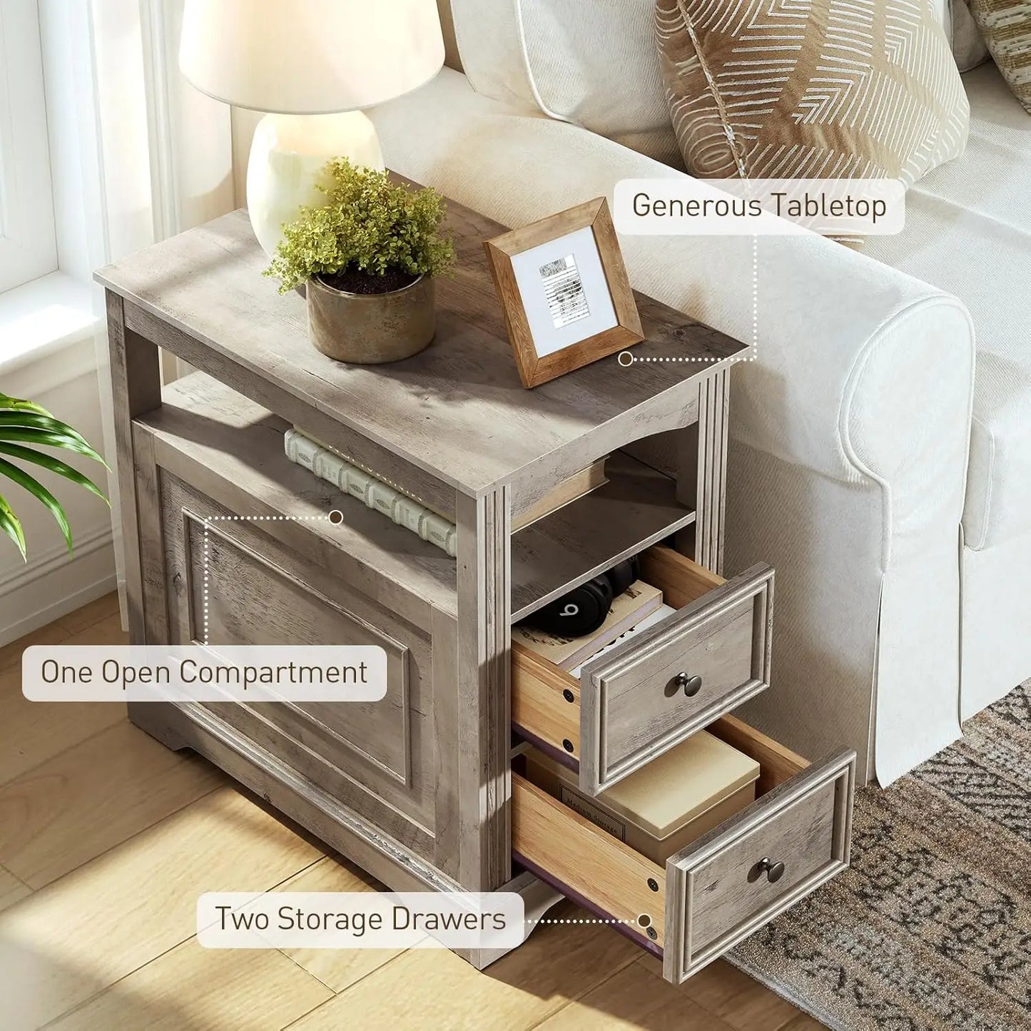 Narrow End Table with 2 Drawers – Wooden Sofa Side Table with Open Storage Shelf