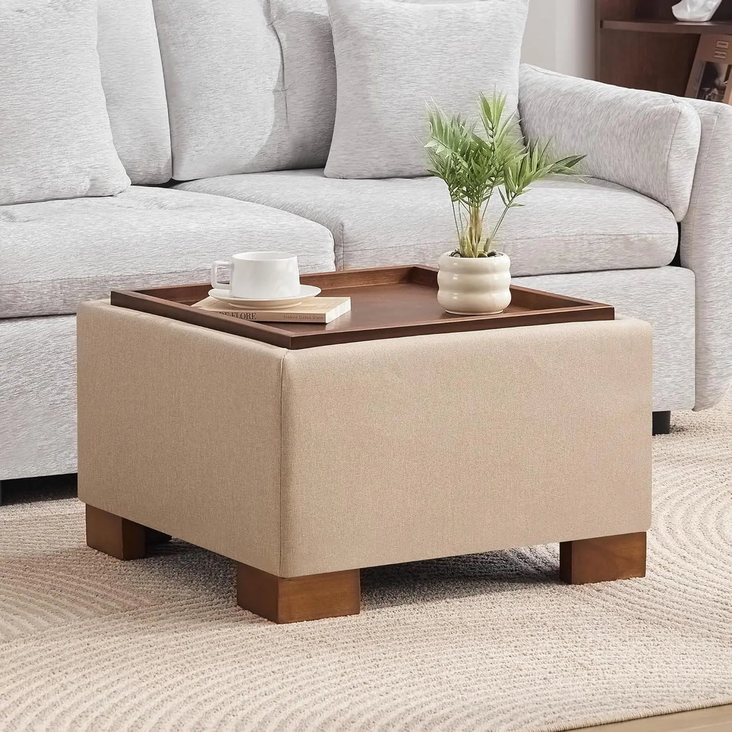 24" Square Ottoman Coffee Table with Storage – Modern Upholstered Accent Table for Living Room