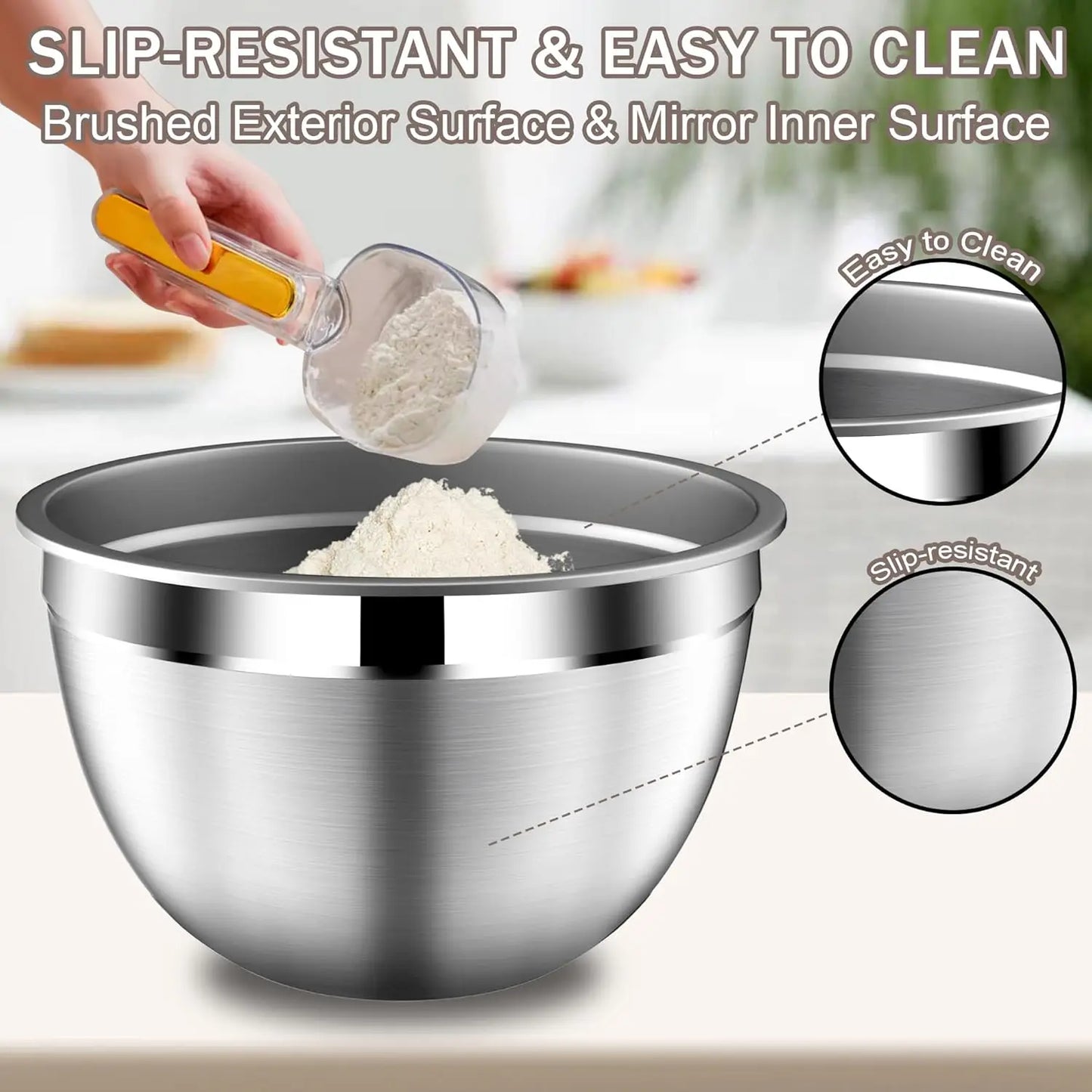 Stainless Steel Mixing Bowls with Lids – Stackable 5‑Piece Set with Strainer (Beige)