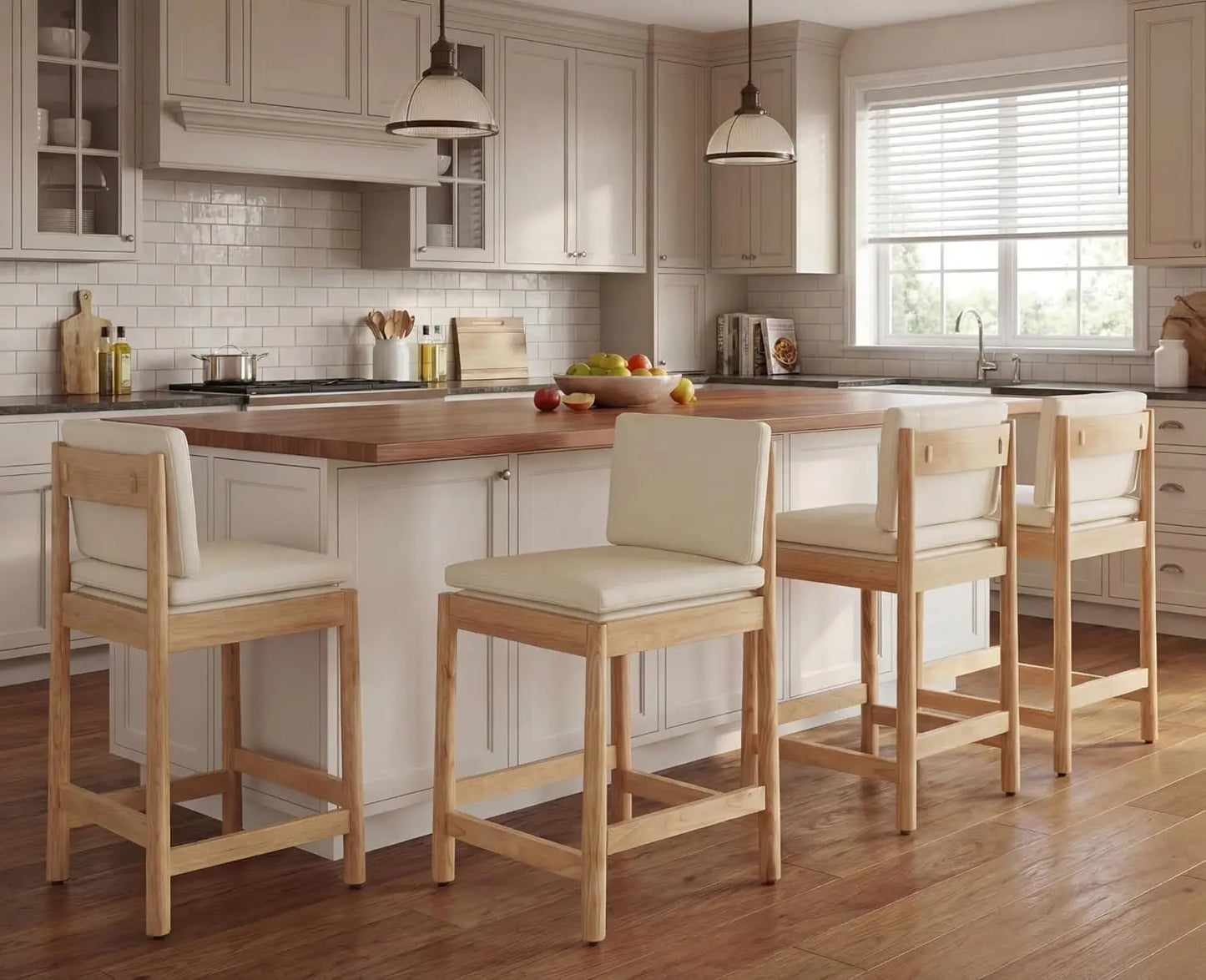 Counter Height Bar Stools, Set of 4 Stools with Back Natural Wood