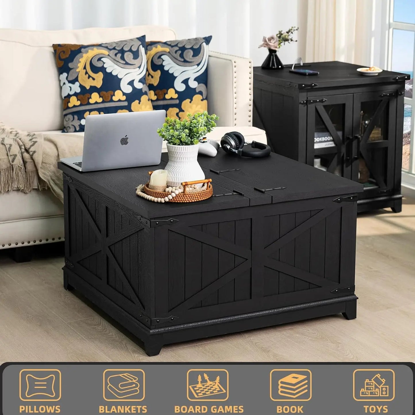 Farmhouse Square Coffee Table with Hidden Storage