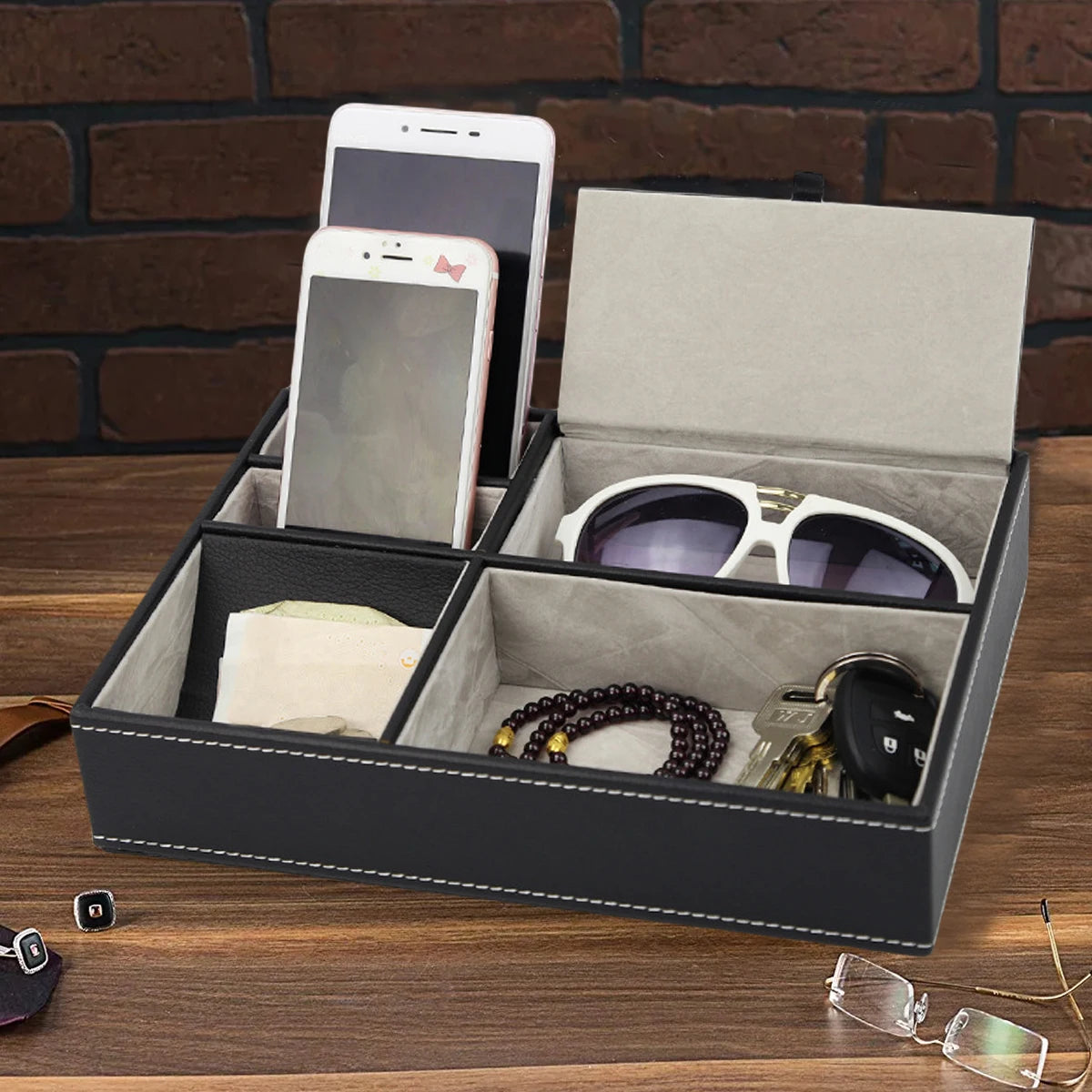 Faux Leather Men’s Valet Tray – 5‑Compartment Desktop Organizer for Office or Bedside