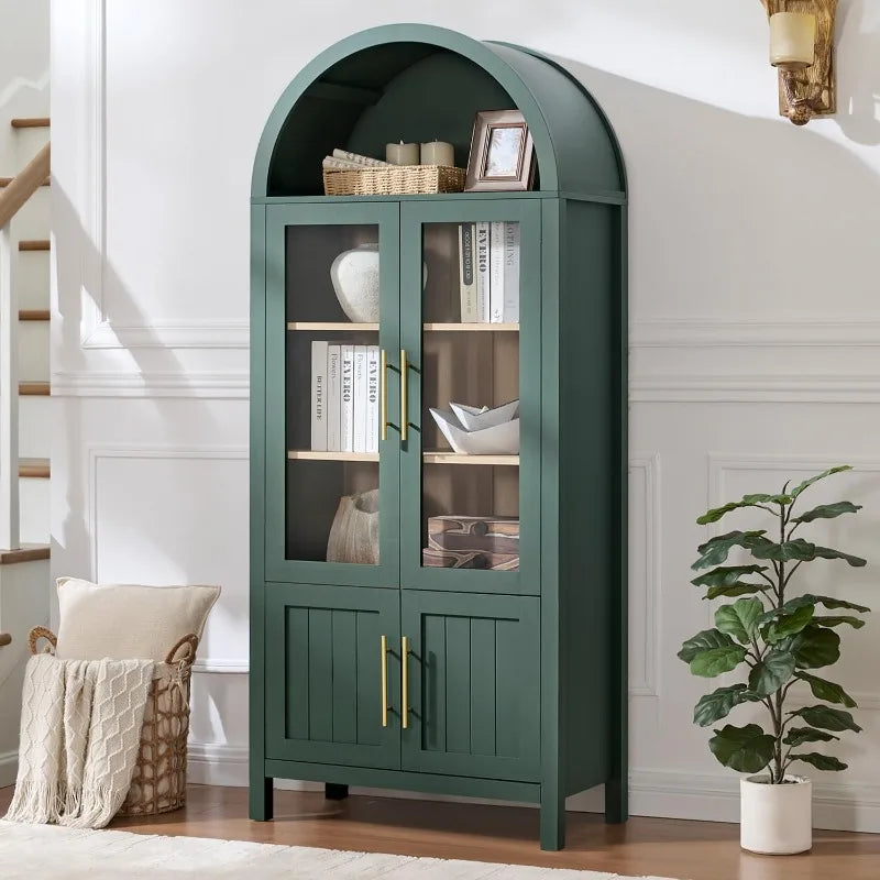 71" Arched Display Cabinet with Glass Doors | 5-Tier Modern Bookcase