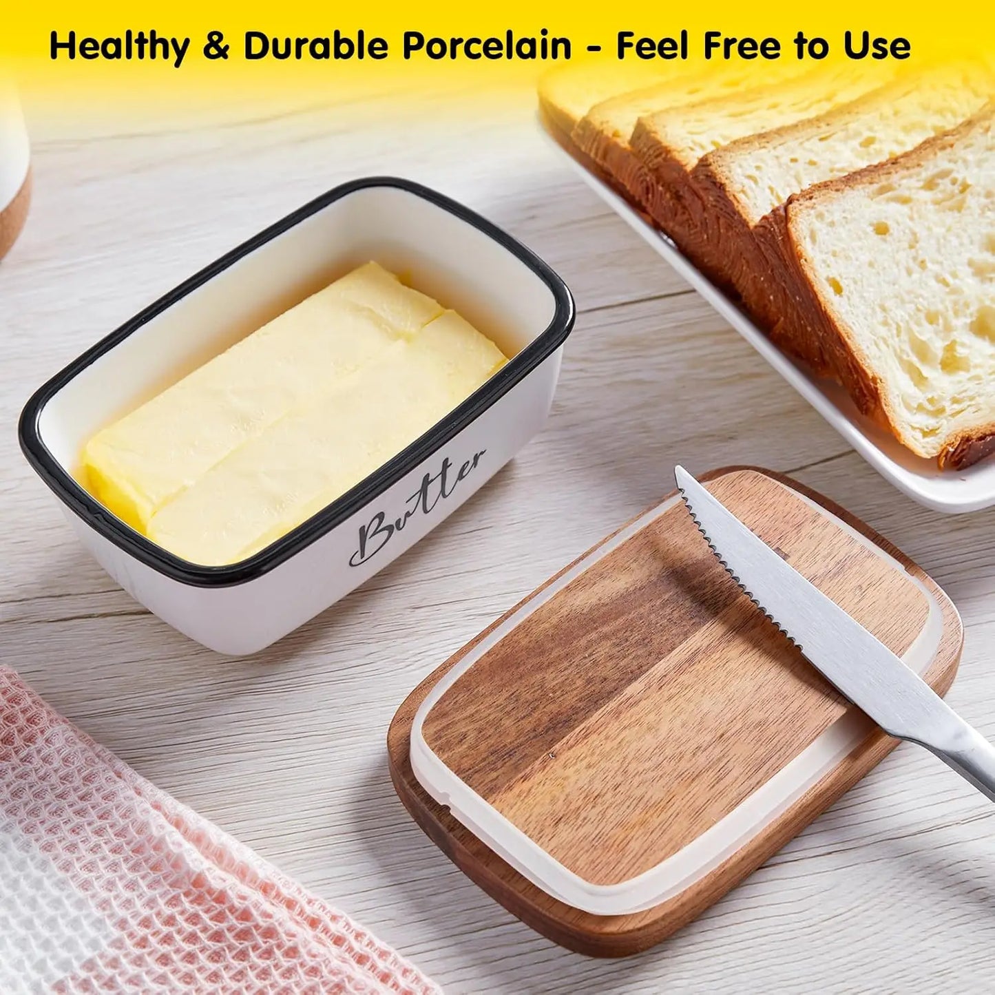 Large White Ceramic Butter Dish – Holds 2 Sticks, Acacia Wood Lid for Modern Kitchen Décor