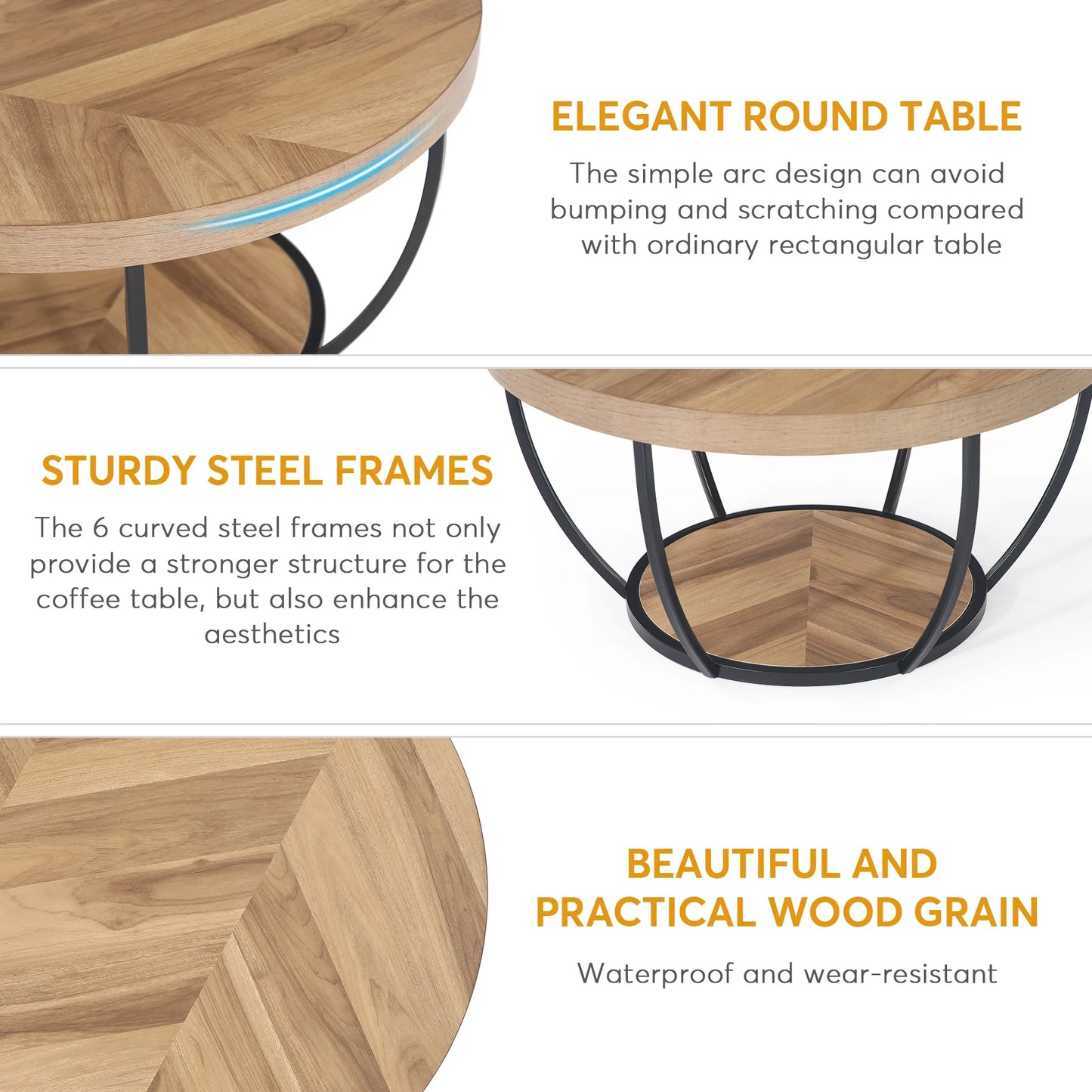 31" Round Coffee Table, Industrial 2-Tier Table with Storage Shelves