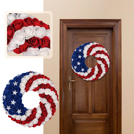 4th of July Rose Floral Wreath – American Flag Star Front Door Patriotic Garland