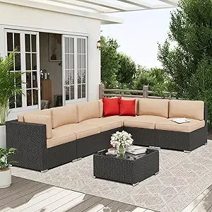 7-Piece Outdoor Patio Sofa Set - Black Rattan Wicker Set with Glass Top Table and Cushions(Red)
