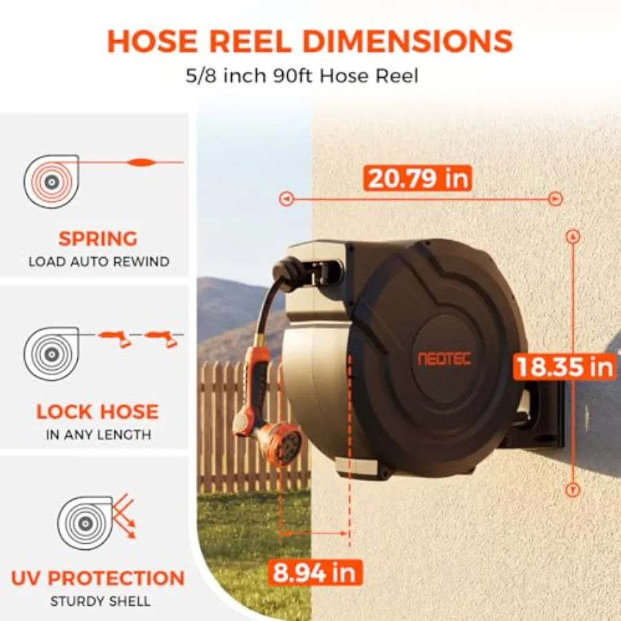 Heavy Duty Wall-Mounted Retractable Garden Hose Reel 90 Feet x 5/8 inch with 180 Swivel UV Resistant Automatic Slow Return