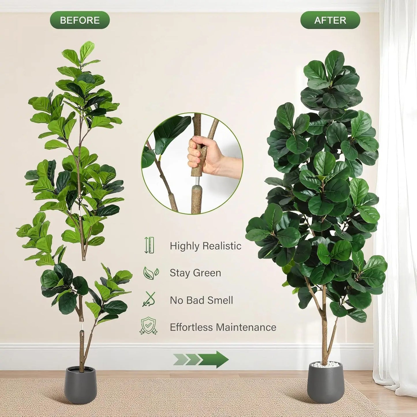 4–7FT Artificial Fiddle Leaf Fig Tree – Realistic Faux Ficus Lyrata with Lush Leaves in White Planter Pot