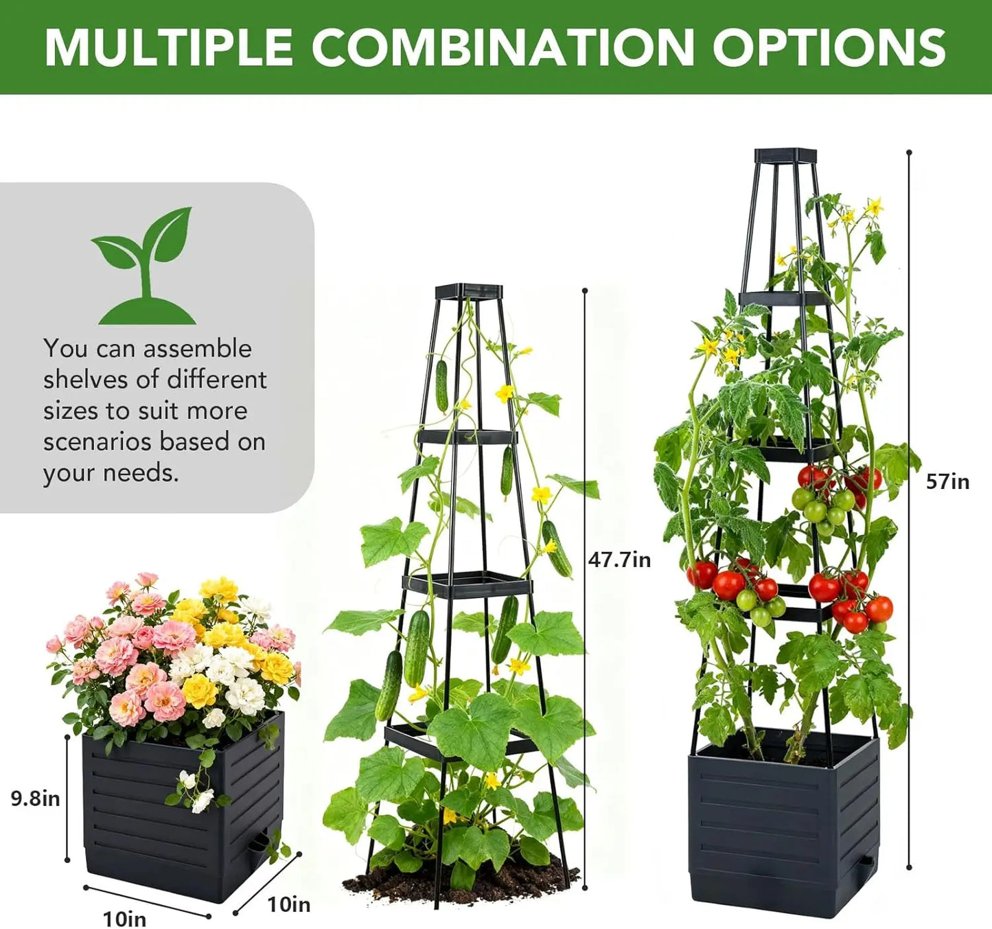 57" Self‑Watering Raised Garden Bed Set (2‑Pack) – Planter Boxes with Trellis for Tomatoes, Vines & Flowers