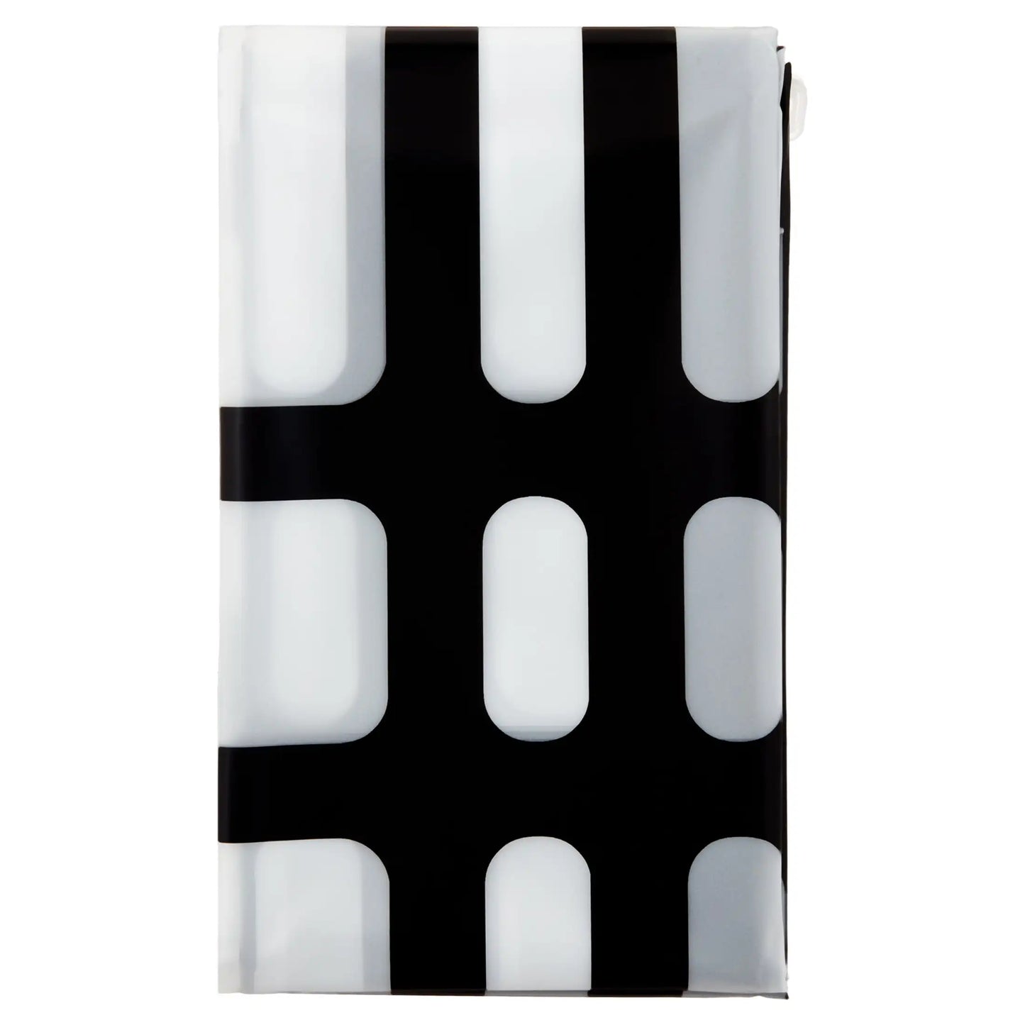 Black shower curtain, 70 inches x 72 inches, geometric design, frosted finish.