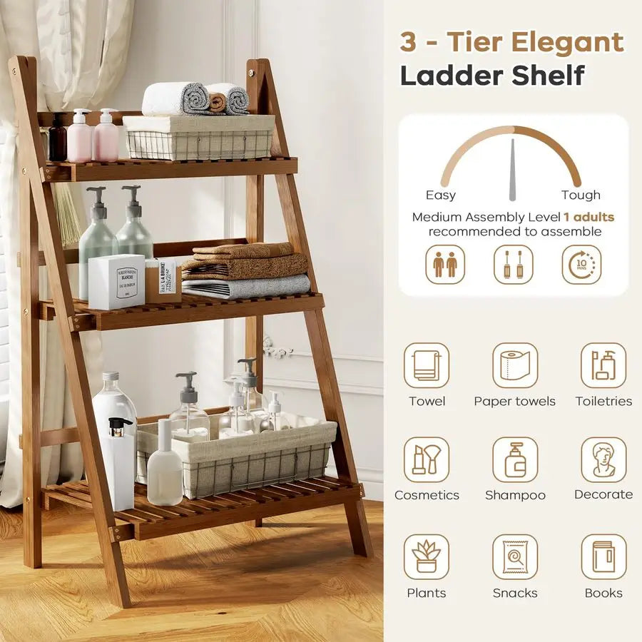 Wooden Ladder, 3 Tier Shelves, Foldable, 23.6W x 15D x 39.4H