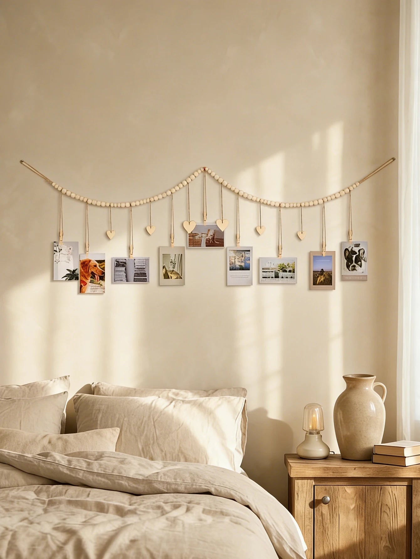 Wooden Bead Photo Garland with Heart Clips – Boho Hanging Picture Display for Bedroom, Dorm & Home Décor