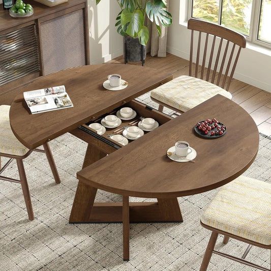 Extendable Round Dining Table for 4-8, Modern Kitchen Oval Dining Table with Removable Leaves Space Saving, Wood Base