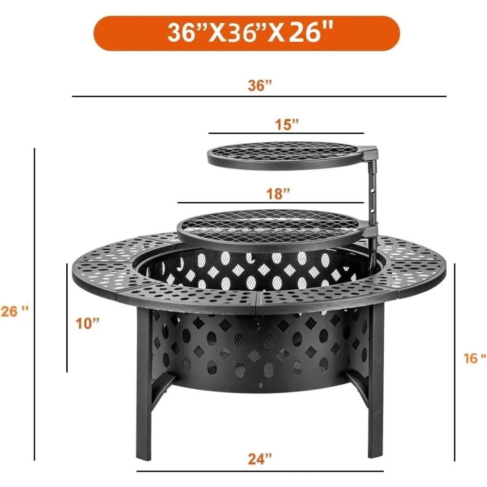 36" Fire Pit with 2 Grills, Wood Burning Fire Pits for Outside with Lid, Poker and Round Waterproof Cover, BBQ& Outdoor Fire