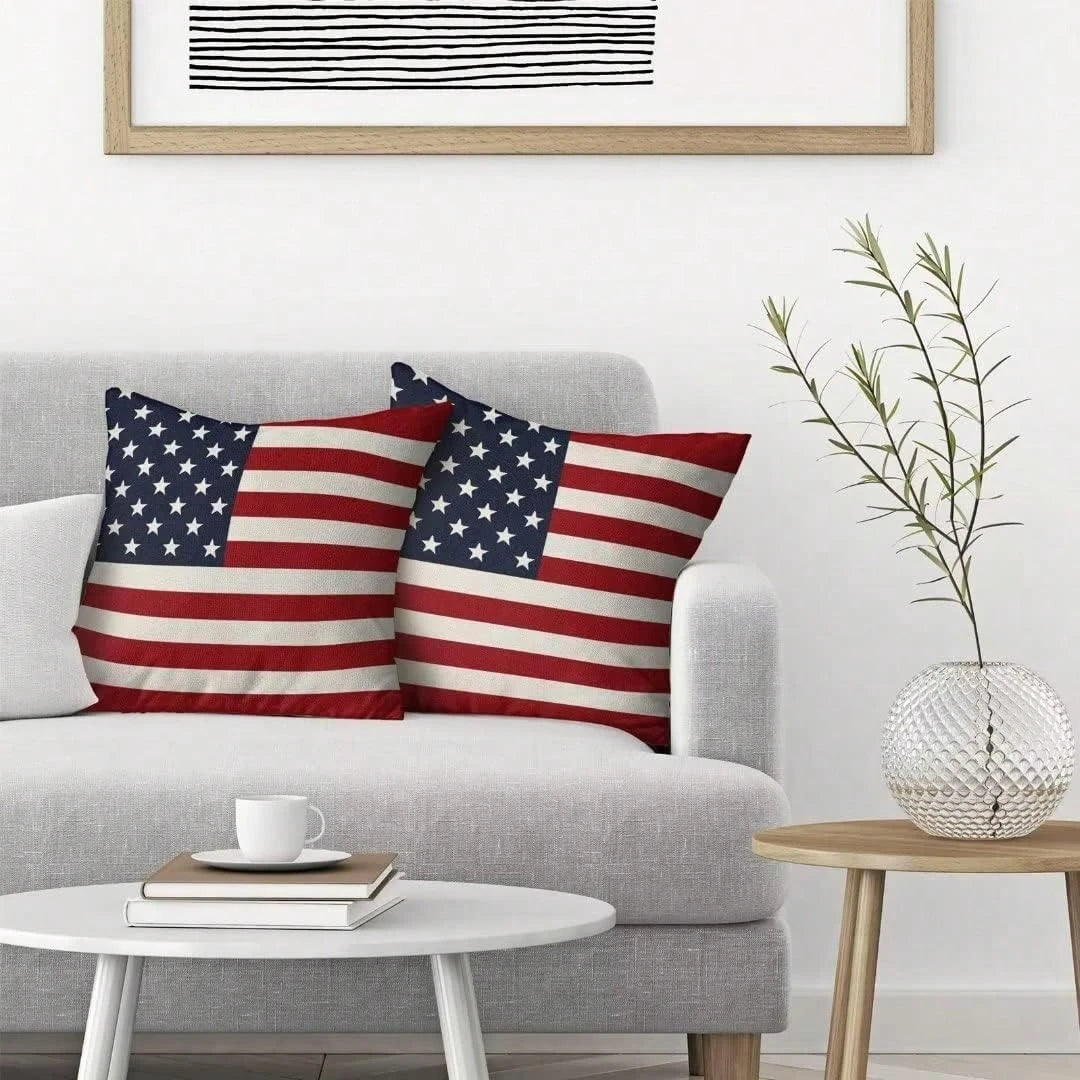 2-piece patriotic pillow cover set. Featuring classic American flag designs in red, white, and blue