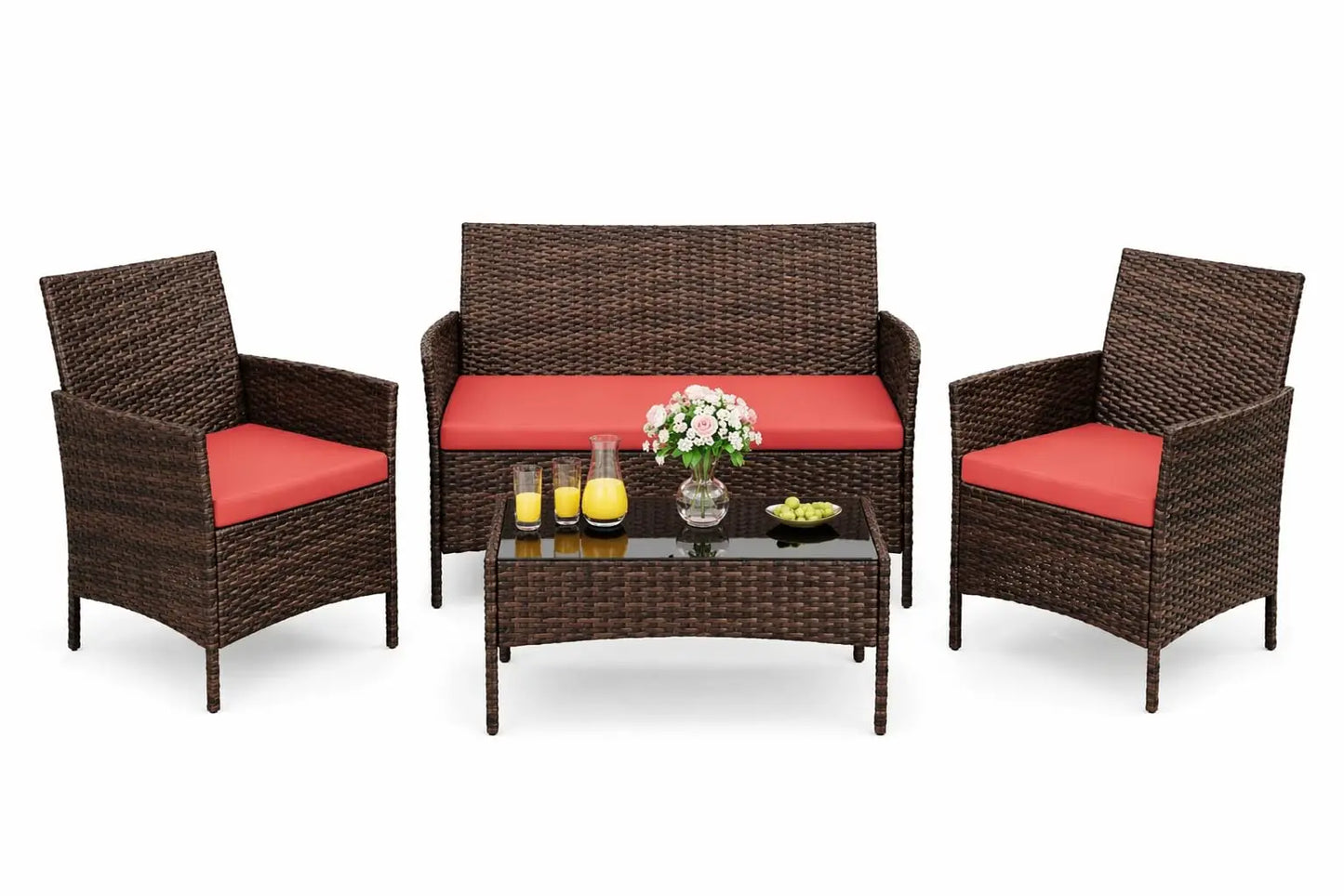 4‑Piece Patio Furniture Set – Glass Coffee Table & 3 Cushioned Chairs for Garden, Balcony & Backyard