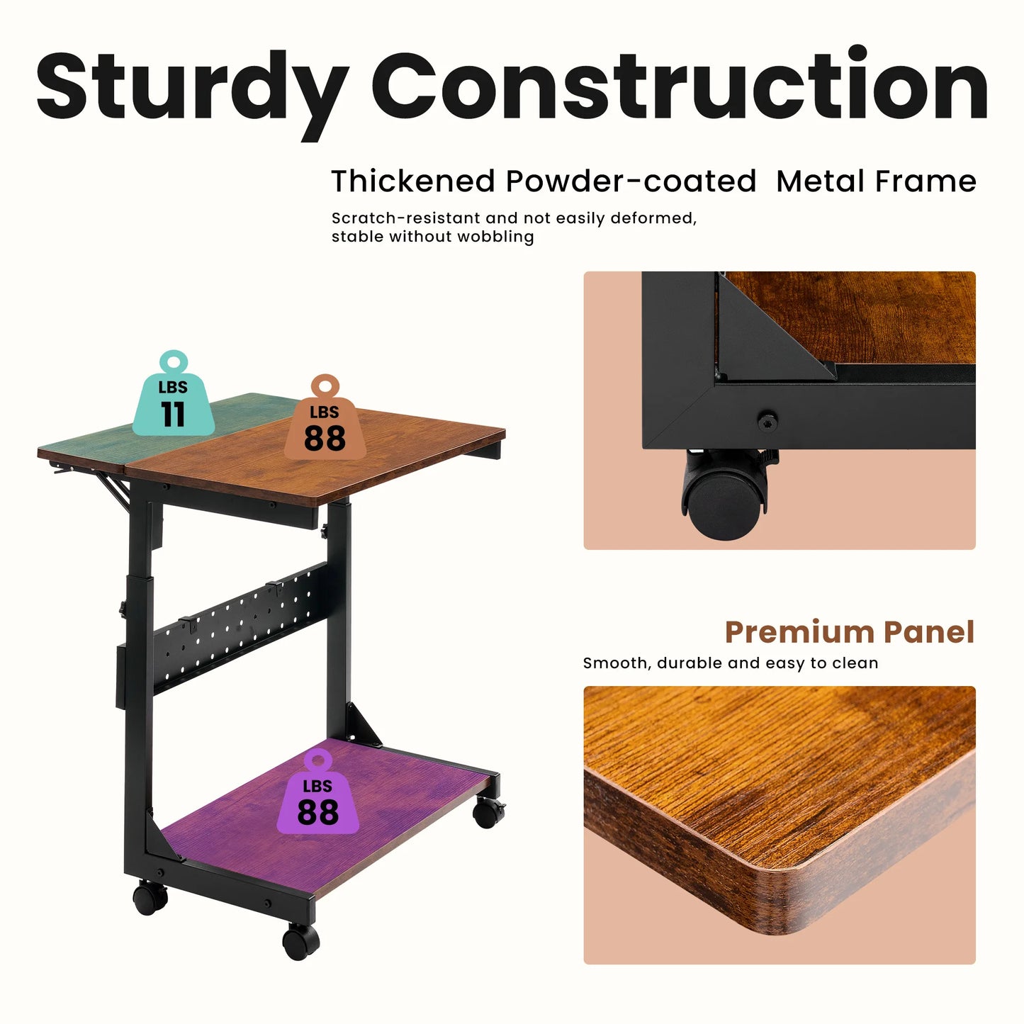 Mobile Sofa Side Desk – 25" Adjustable Rolling Computer Cart with 2 Tiers & Folding Panel