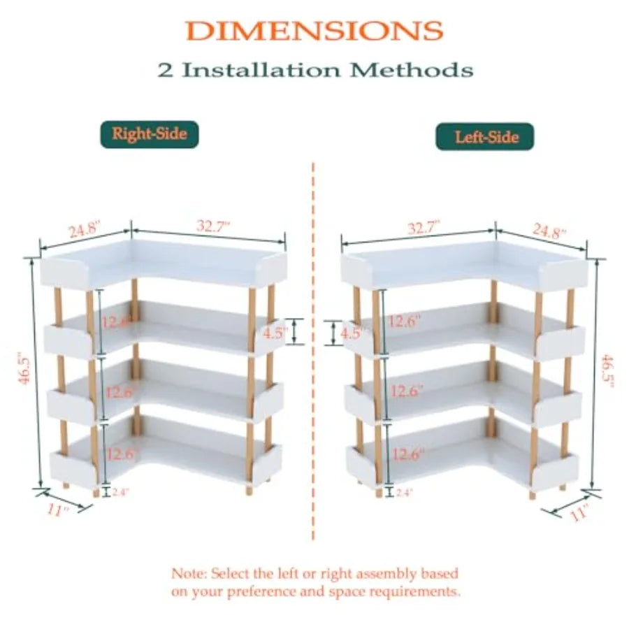 4-Tier Reversible L-Shaped Corner Bookshelf | Solid Wood Frame Display Case