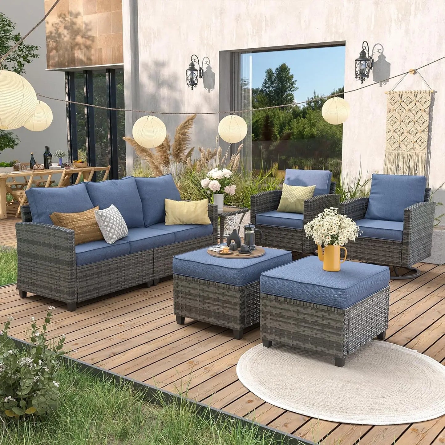 6‑Piece Gray PE Rattan Sectional Sofa Set – Swivel Chair, Side Table & 4" Cushions for Patio/Garden