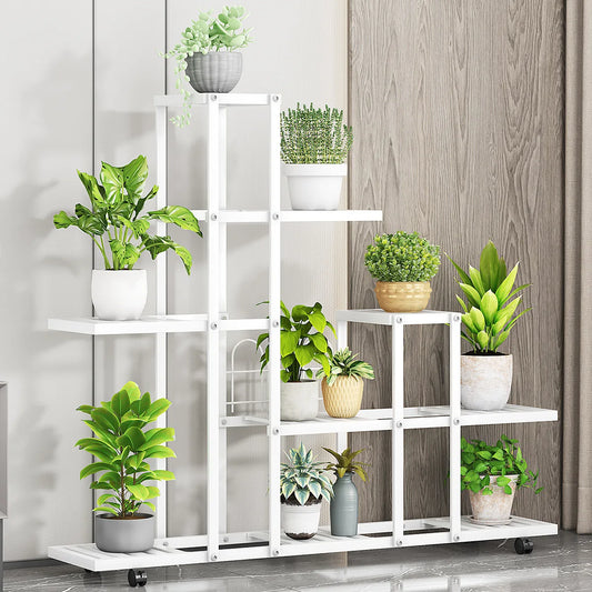 Plant Stand Indoor Outdoor, Wrought Iron Multiple Planter Rack Organizer w/Wheels Flower Display Stand for Balcony Garden