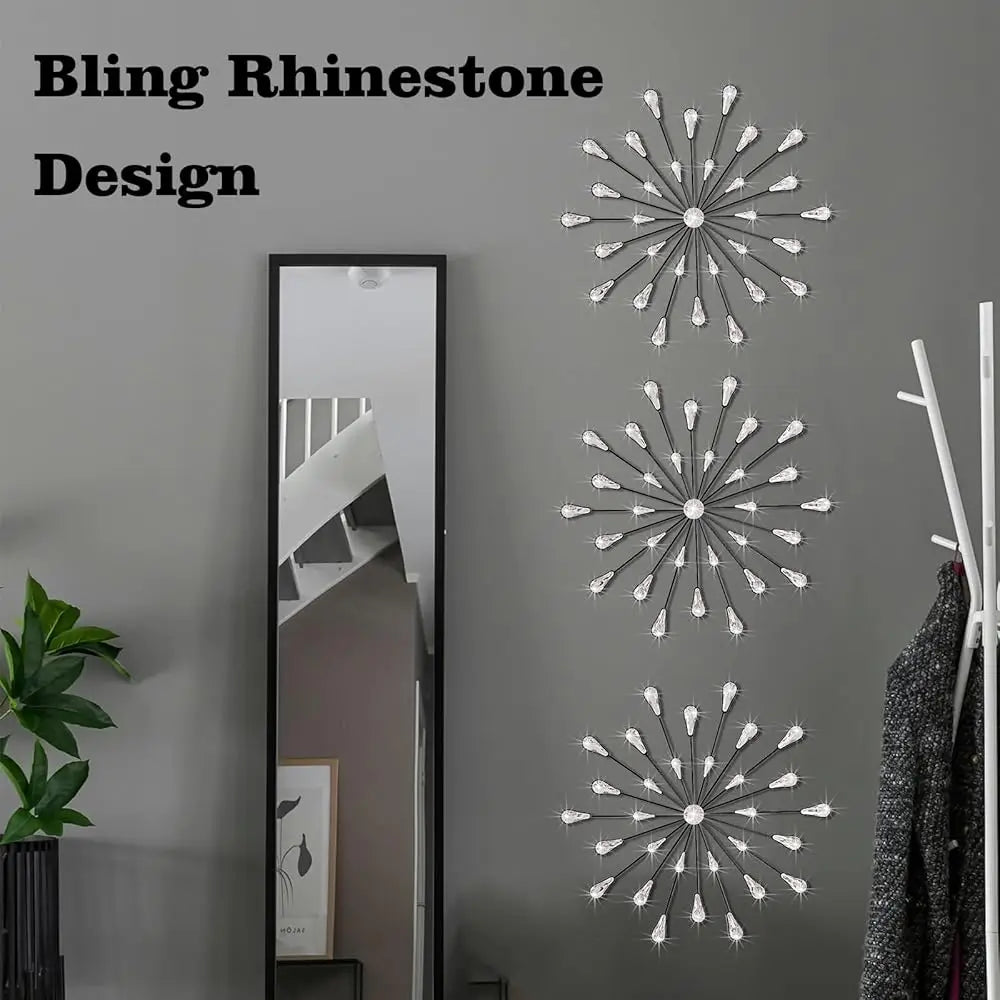 Crystal Home Décor Rhinestone Sun Star Wall Hanging Diamond Accents 18x18. 3 Set Metal Jeweled Wall Art Bling