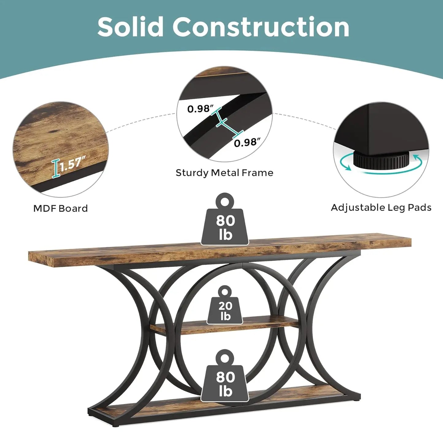 63" Extra Long Sofa Table, Rustic Entry Console Table