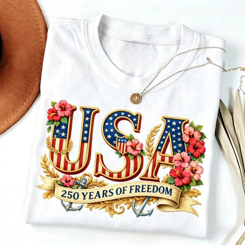 USA 250th Freedom - Women Crewneck Cotton Short Sleeve T Shirt