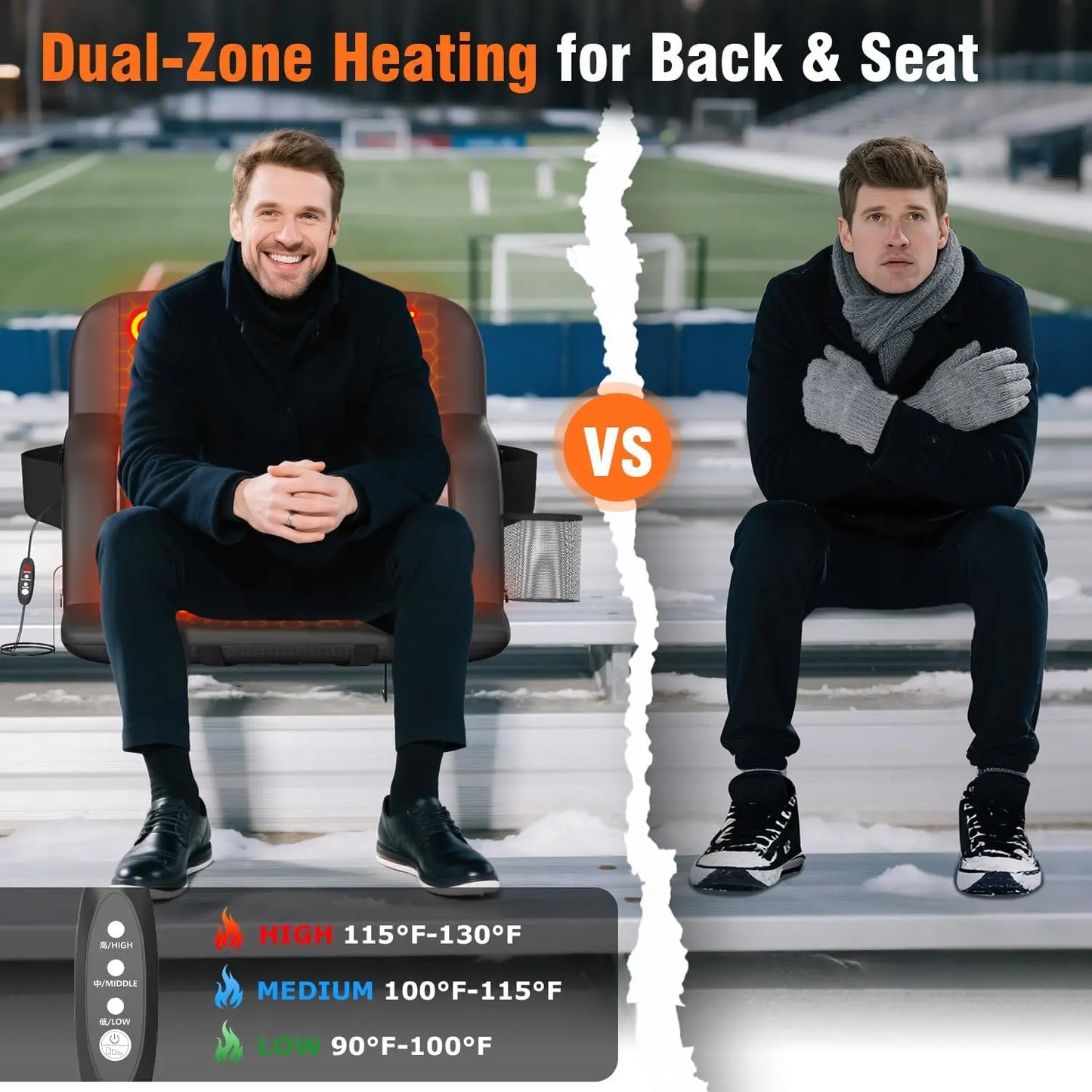 Heated Stadium Seat with Back Support, Foldable Chair with USB Heating and Storage Pockets for Outdoor Events