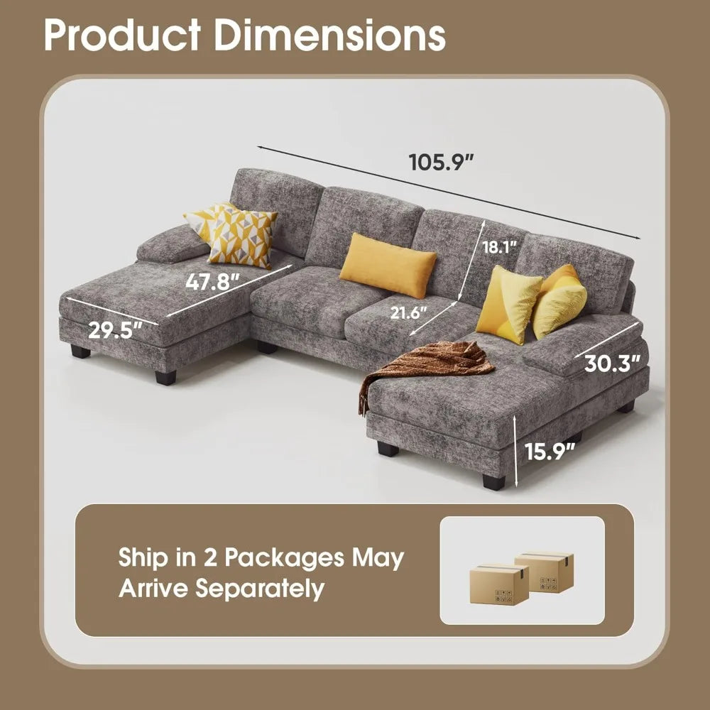 U-Shaped Linen Fabric Sectional Sofa, 4-Seater with Double Chaise