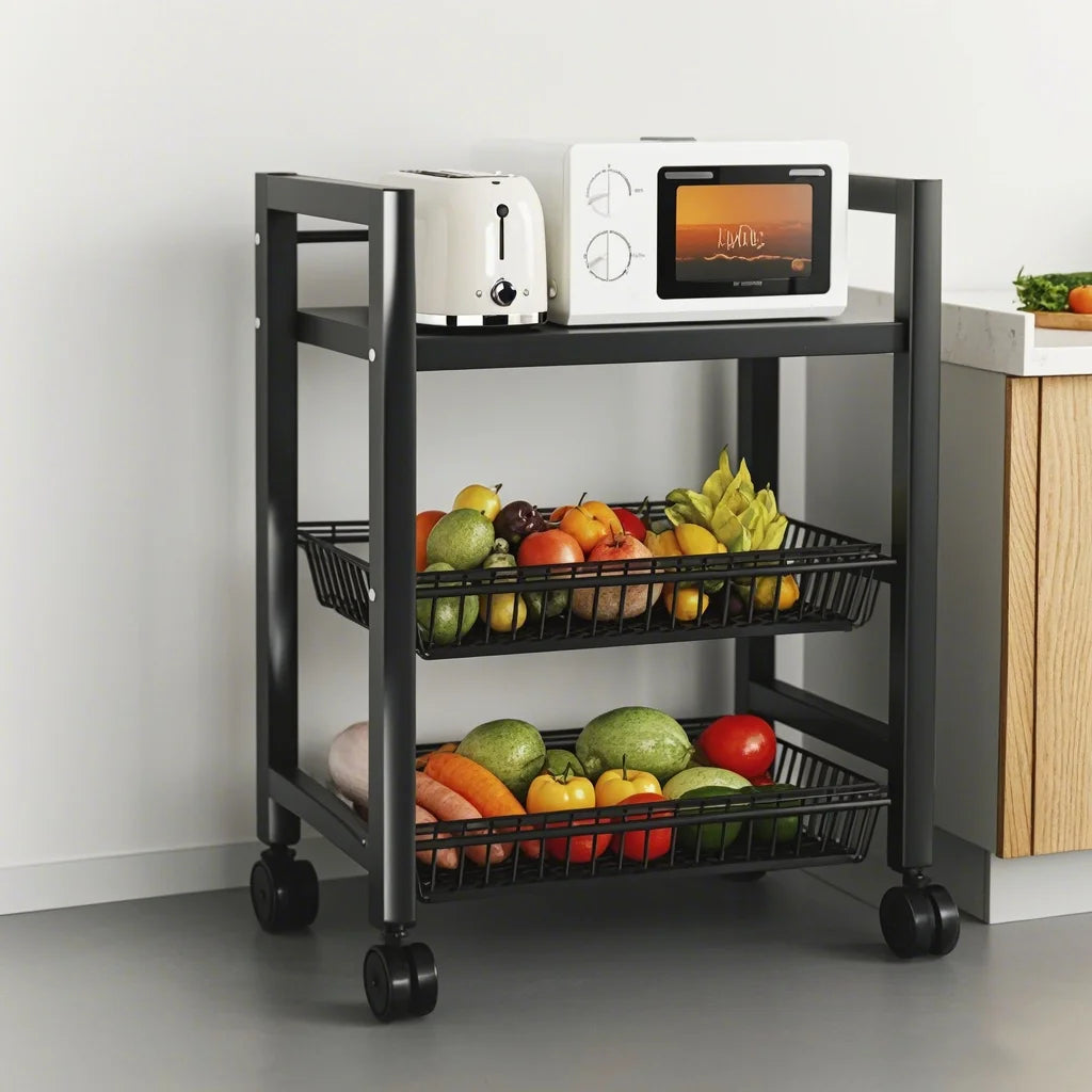 3‑Tier Mobile Kitchen Storage Rack – Adjustable Shelves with 2 Wire Baskets & Organizer