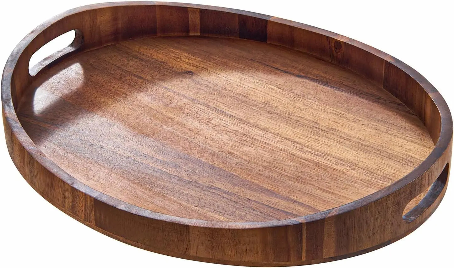 Decorative Round Wood Serving Tray with Handles