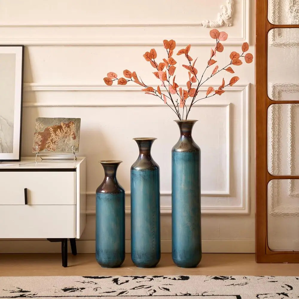 Set of 3 Large Metal Decorative Vases – Elegant Glazed Vase Trio for Living Room, Entryway, Hallway & Dining Room Décor