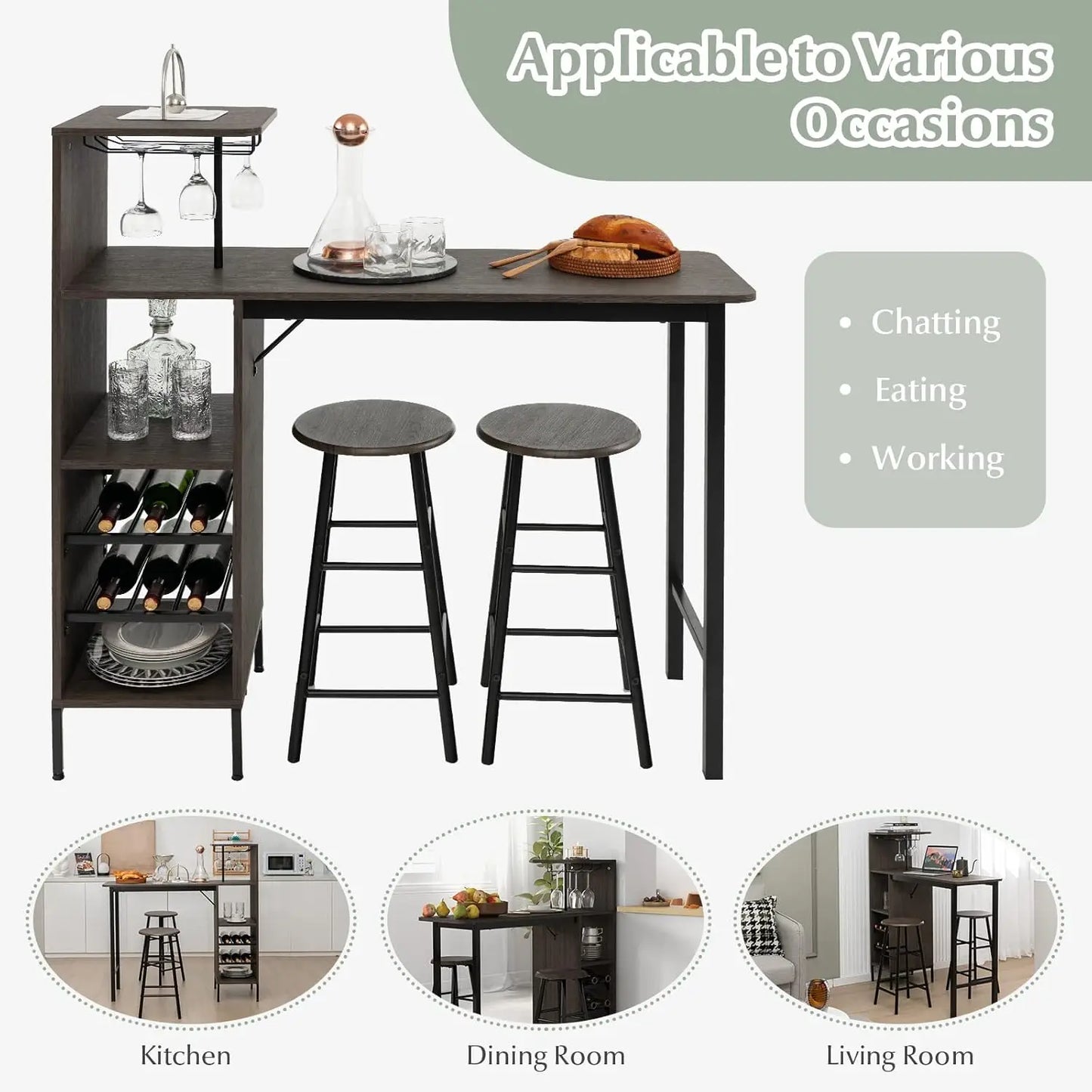 3‑Piece Bar Table & Stool Set – Space‑Saving Design with Built‑In Glass Holder