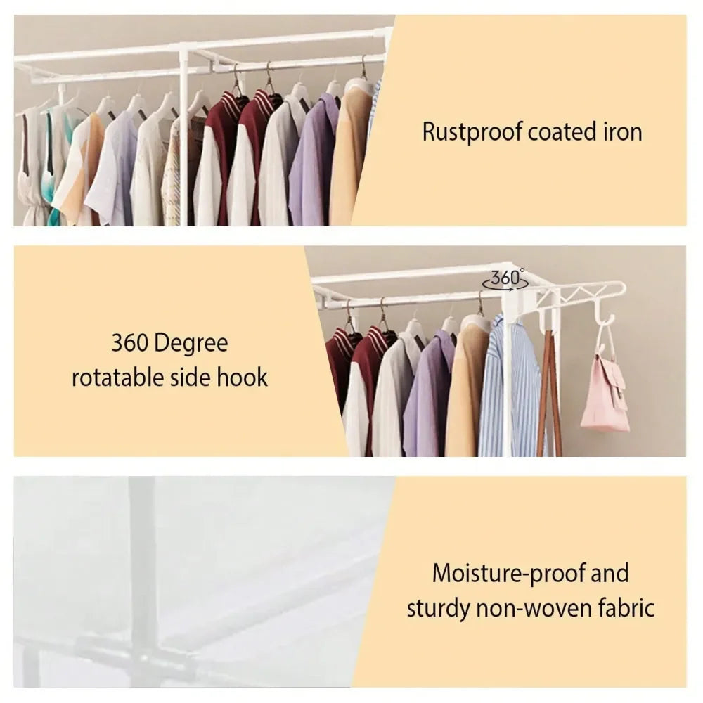 Clothes Rack With 3 Hanging Rods, 63 Inch Extra Large Capacity Wardrobe Closet, MultiLayer Shelves